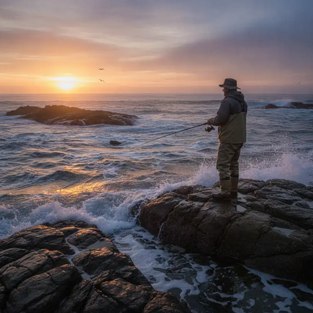 Pescador en la costa rocosa al amanecer