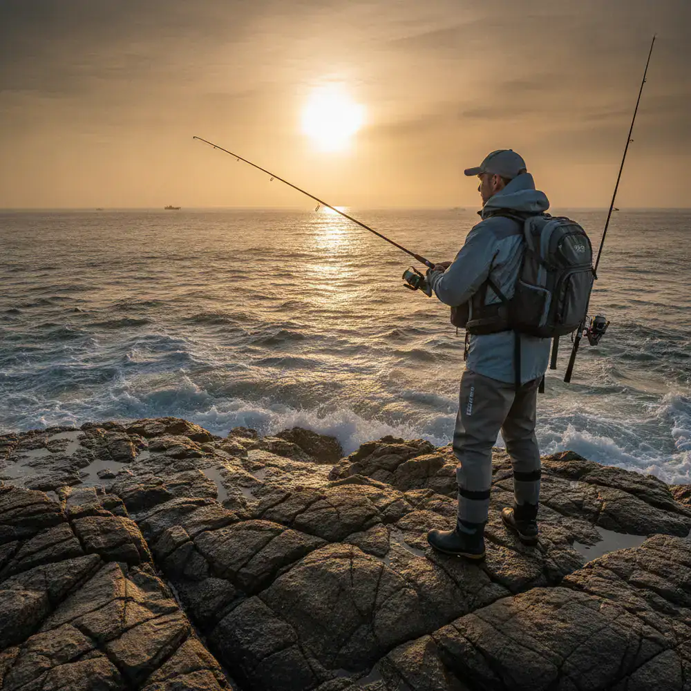 Pescador en la costa rocosa al amanecer utilizando equipo premium