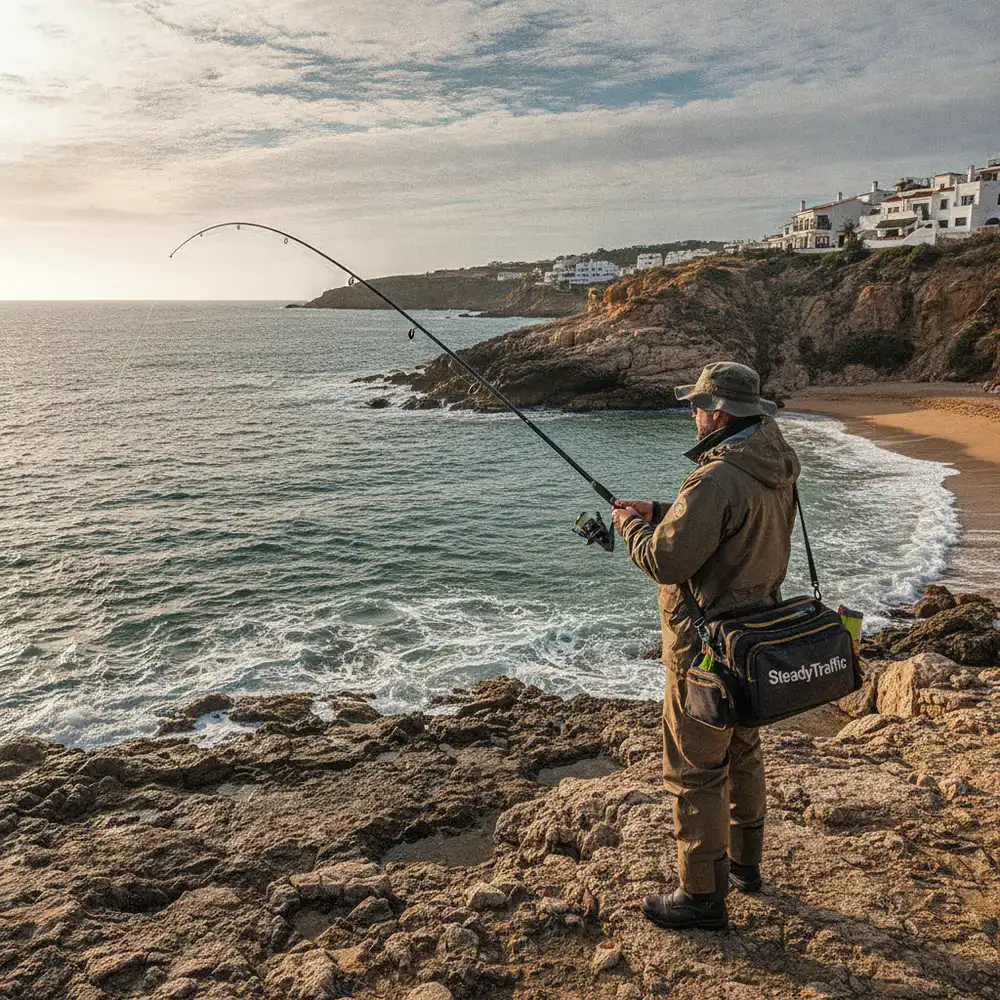 Pescador usando equipo de pesca SteadyTraffic en la costa de España